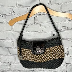 Brighton woven rattan shoulder bag heart metal medallion silver pendant detail